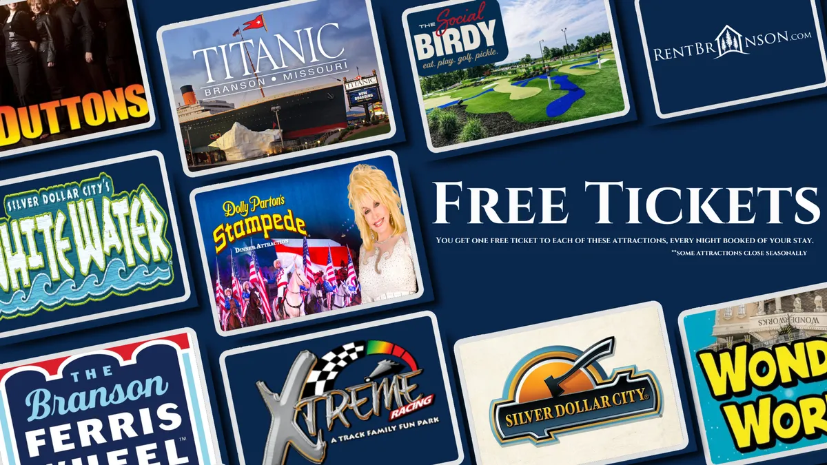 A bright, colorful graphic featuring the 'Free Tickets' text and logos of popular Branson attractions. The lively colors and design immediately evoke themes of local excitement and family adventures.